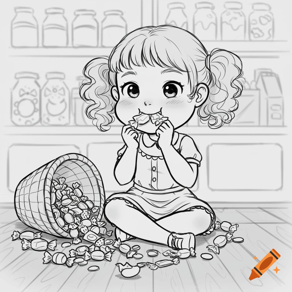 Black and white line art of a cute little girl sitting on the floor, happily eating candy from an overturned basket.