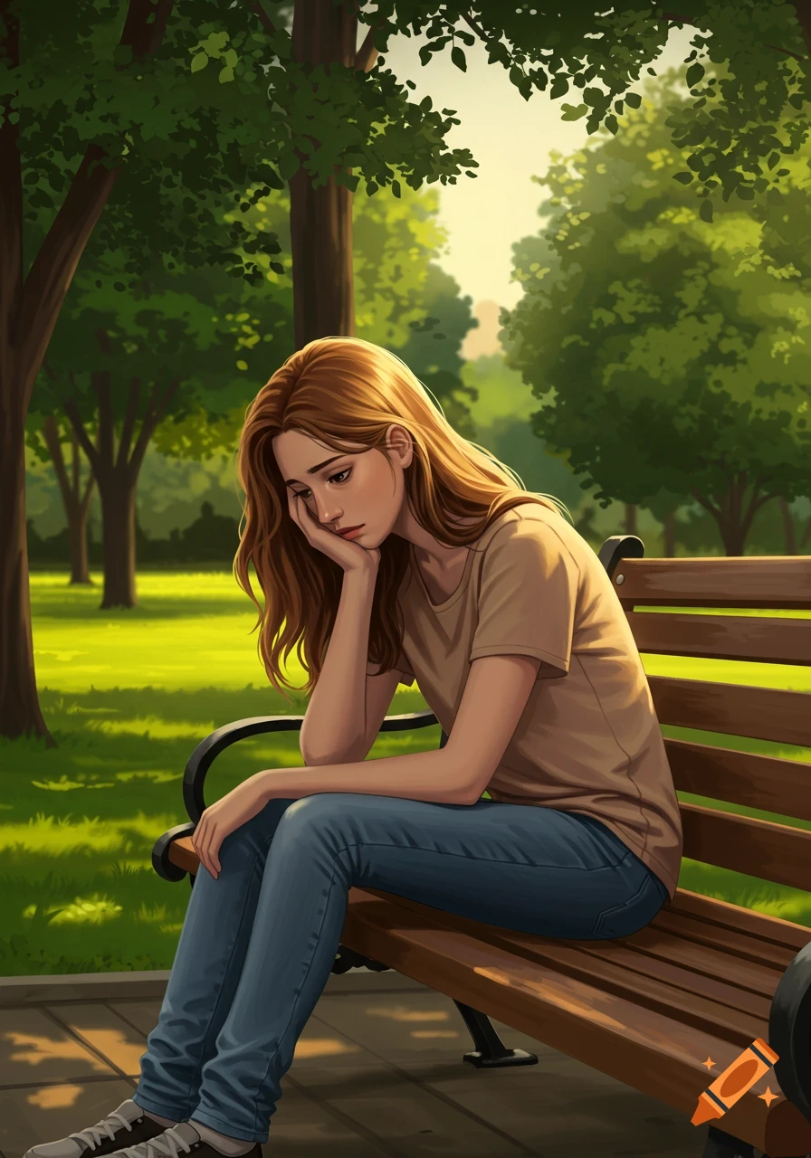 Digital illustration of a sad young woman with long brown hair, sitting alone on a park bench in warm afternoon light.