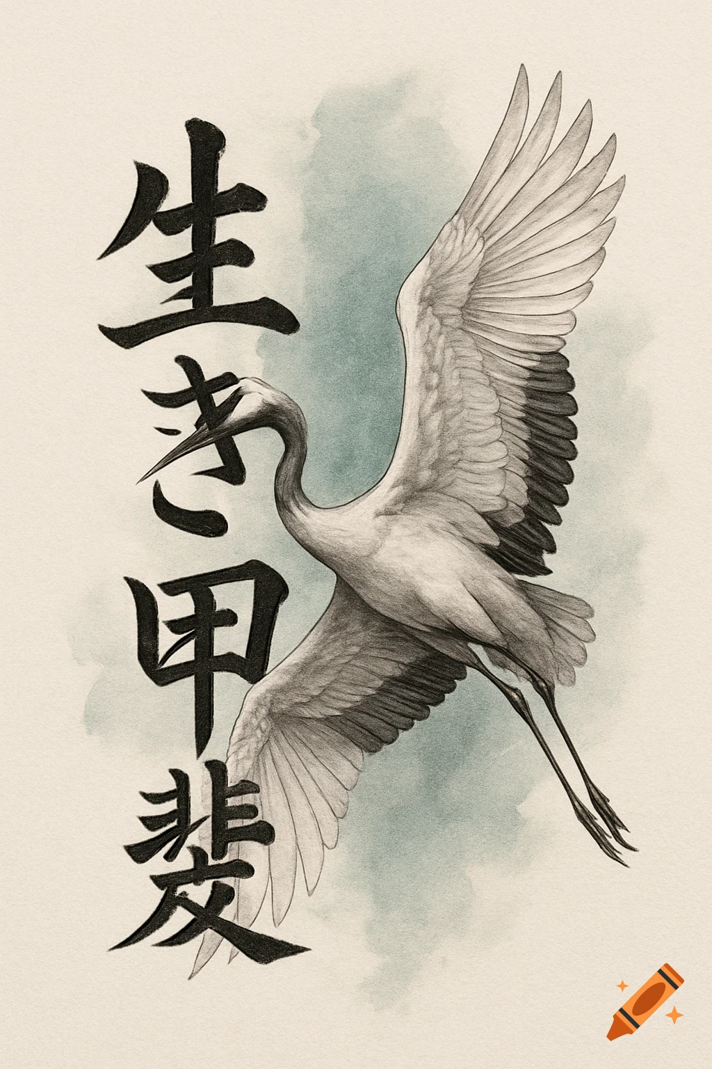 Black and white sketch of a flying Japanese crane with 'Ikigai' in Japanese calligraphy. Light blue watercolor wash background, tattoo style.