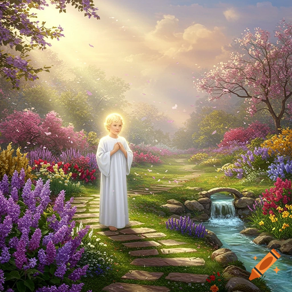 A radiant child in a white robe stands on a stone path in a magical, sunlit garden with colorful flowers, a stream, and a small bridge.