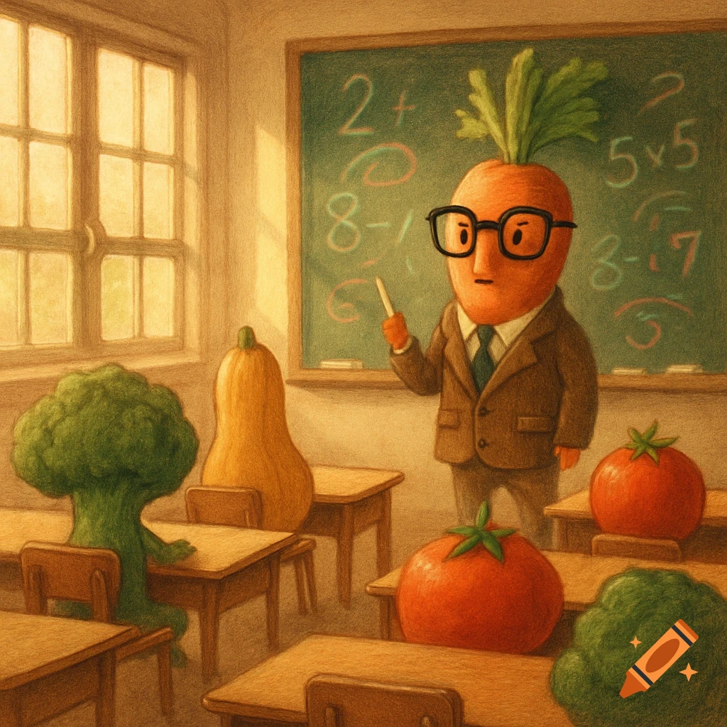 A cartoon carrot teacher in glasses and a suit points at a chalkboard with math problems, while vegetable students like broccoli and tomatoes sit at desks.