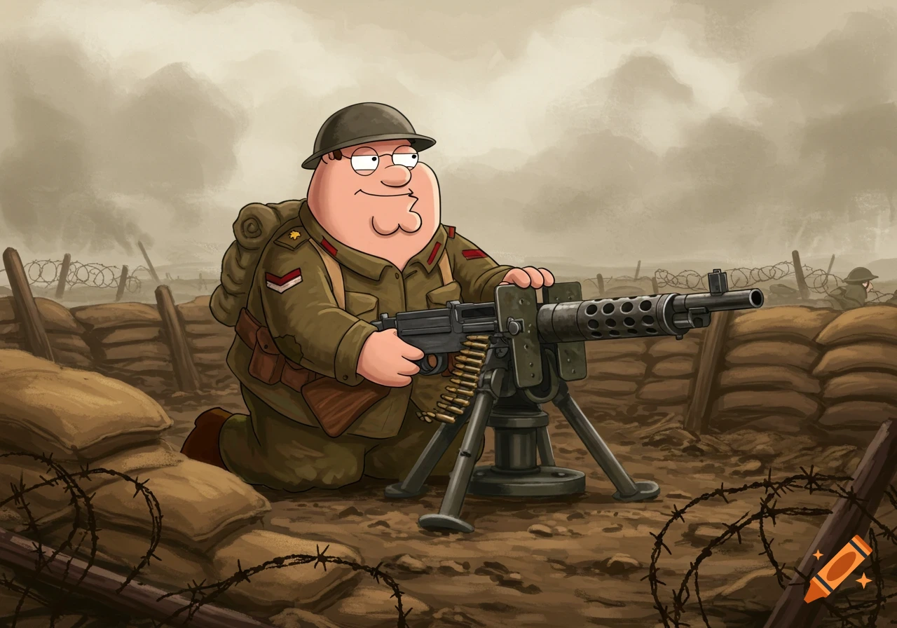 Cartoon Peter Griffin, dressed as a WWI soldier, kneels behind a machine gun in a trench with sandbags and barbed wire.