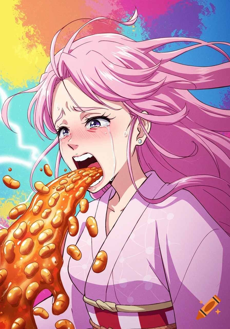 Anime girl crying and screaming while spewing baked beans from her mouth against a colorful background.