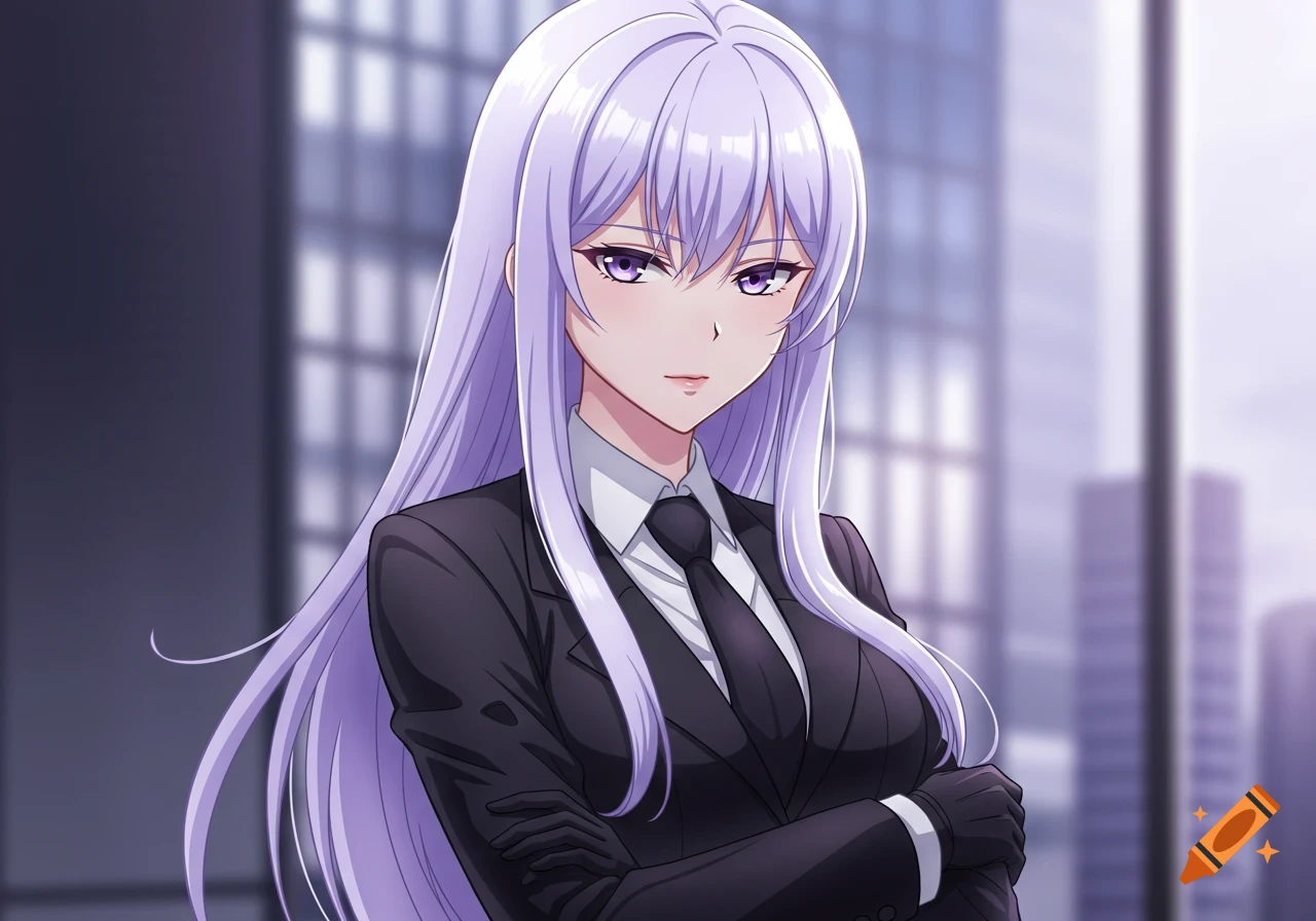 Anime woman with long lilac hair and purple eyes, wearing a black suit, tie, and gloves, standing in front of an office building.