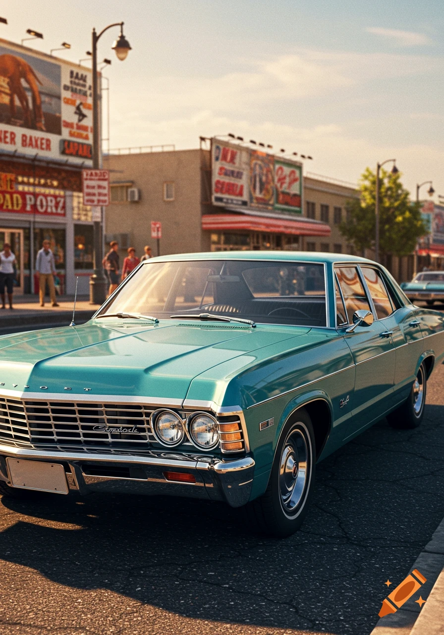 Teal 1967 Chevrolet Impala 4-door sedan parked on a sunlit city street with blurred buildings and people in the background, photorealistic style.