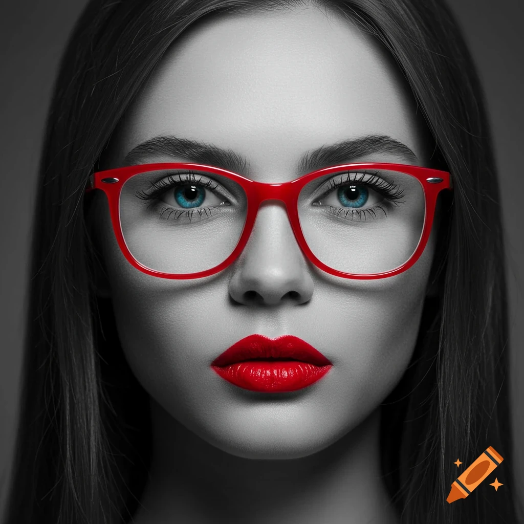 Close-up photorealistic portrait of a woman with red glasses, bright blue eyes, and red lips, with the rest of the image in grayscale.