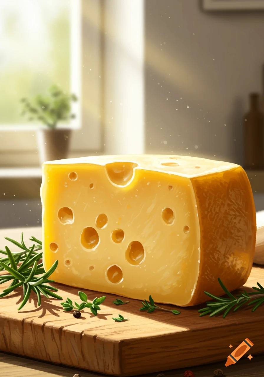 Photorealistic image of a block of Swiss cheese on a wooden cutting board with herbs in a sunlit kitchen.