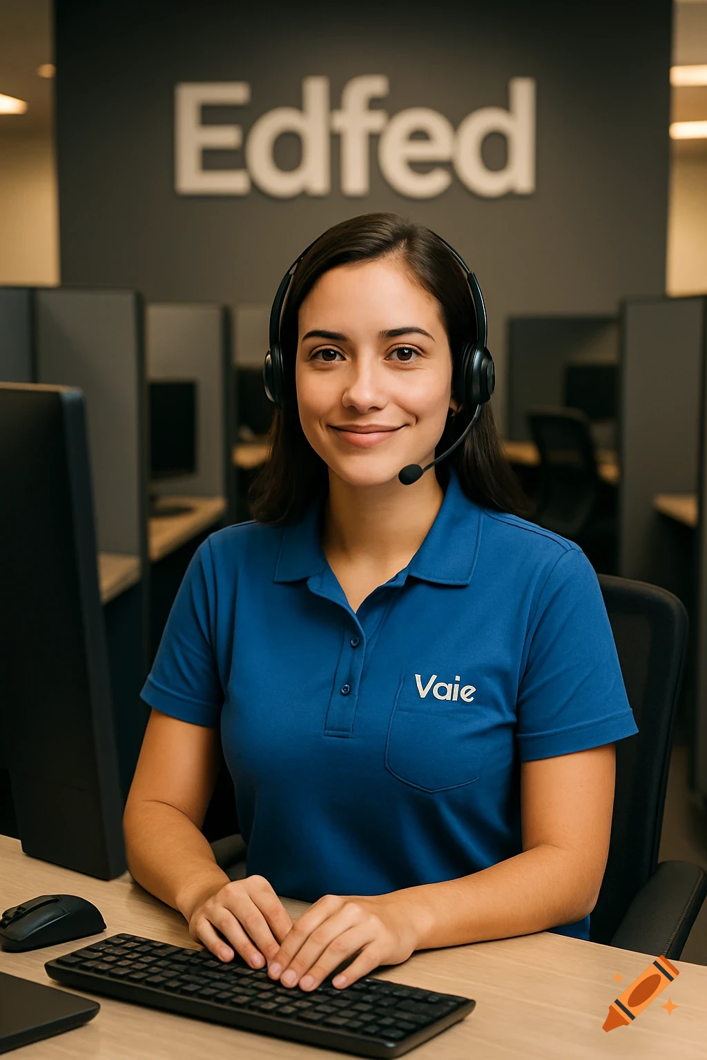 A smiling call center worker with a headset sits at a desk in an office, typing on a keyboard.