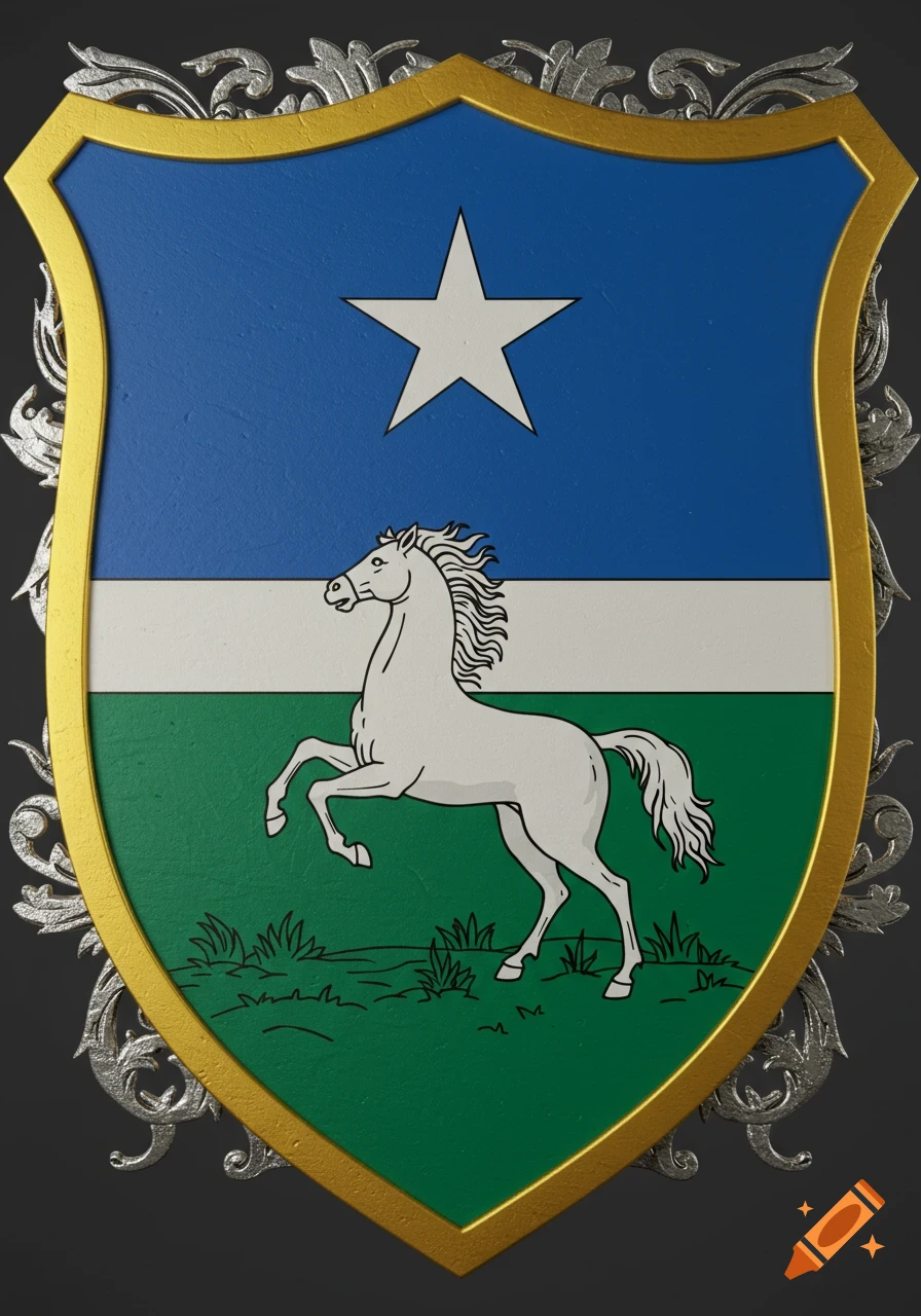 A heraldic French shield with a golden border and silver flourishes, featuring a blue top with a white star and a green bottom with a rearing white horse.