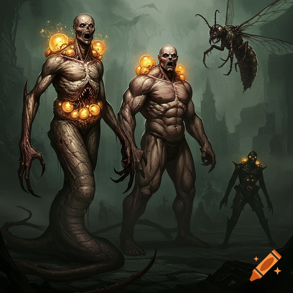 Three grotesque, mutated humanoid monsters with glowing sacs and a giant insect-like creature in a dark, ominous setting.