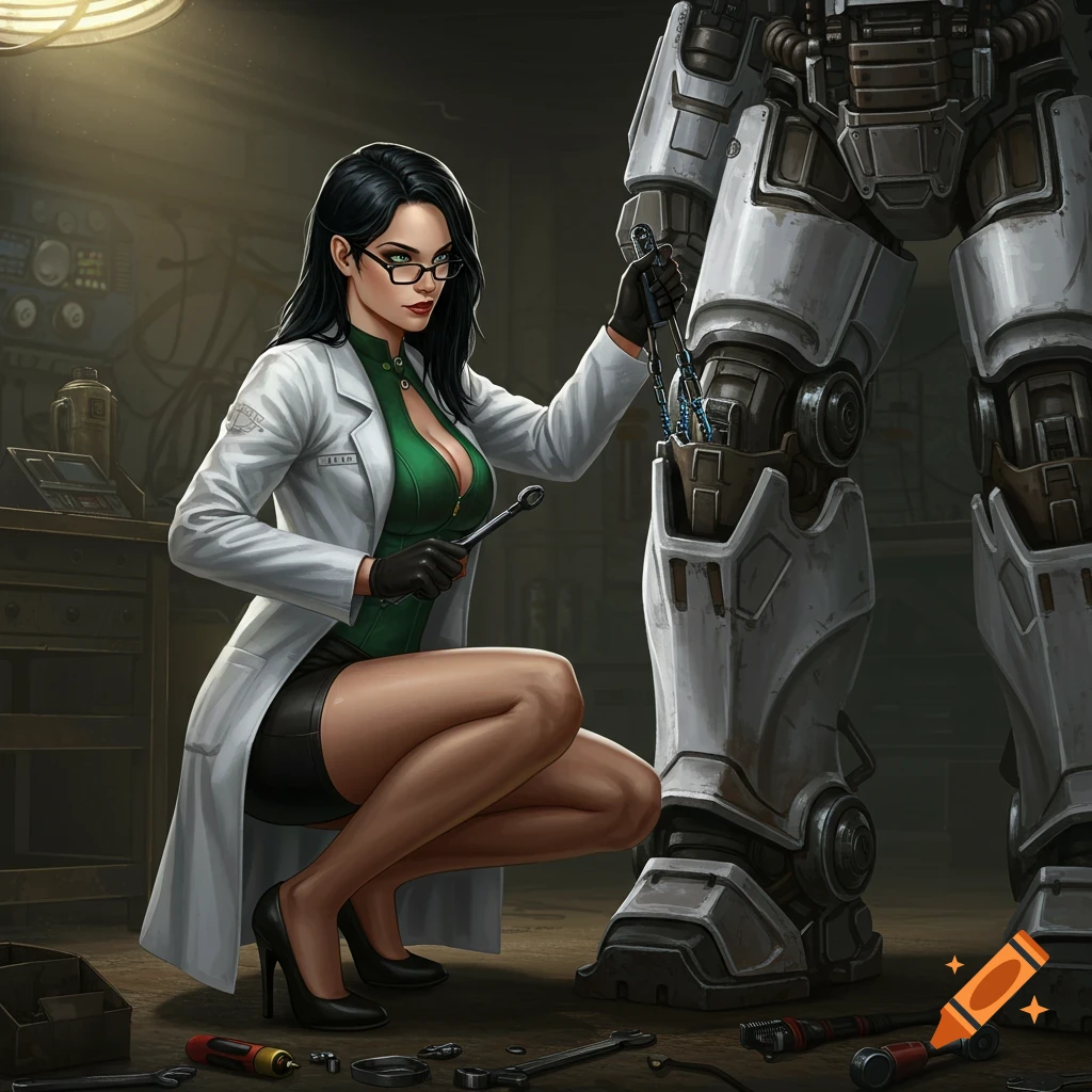 A woman in a lab coat and green top squats to repair a large white robot's leg in a dimly lit workshop, digital art style.