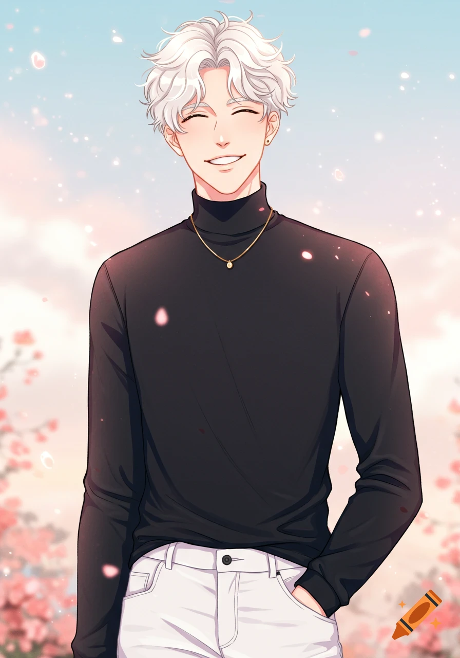 Anime portrait of a smiling young man with white wavy hair, black turtleneck, golden necklace, and white jeans, with a soft floral background.