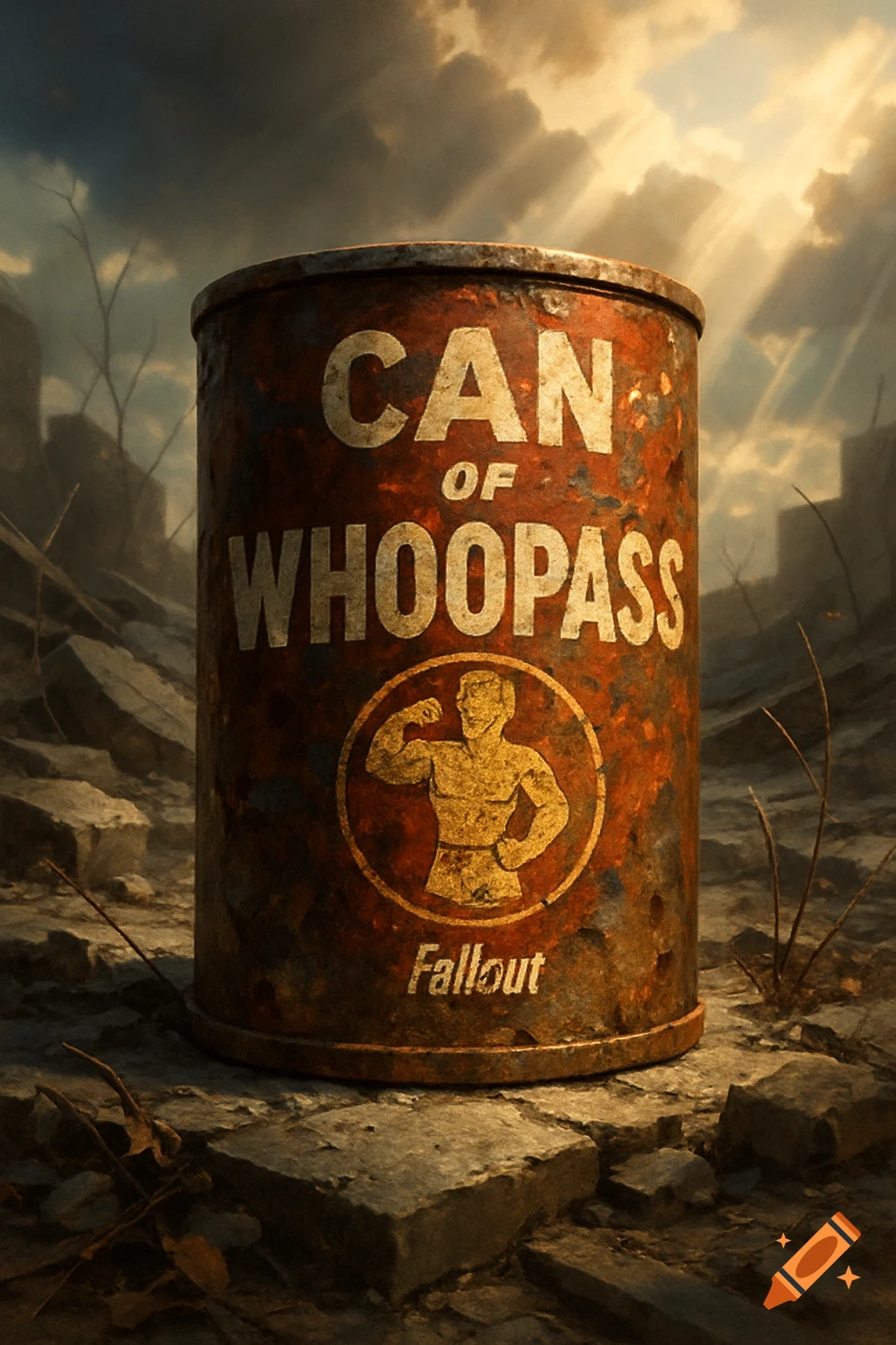 A rusty 'Can of Whoopass' with a flexing muscular man logo and 'Fallout' text, in a desolate, post-apocalyptic landscape.