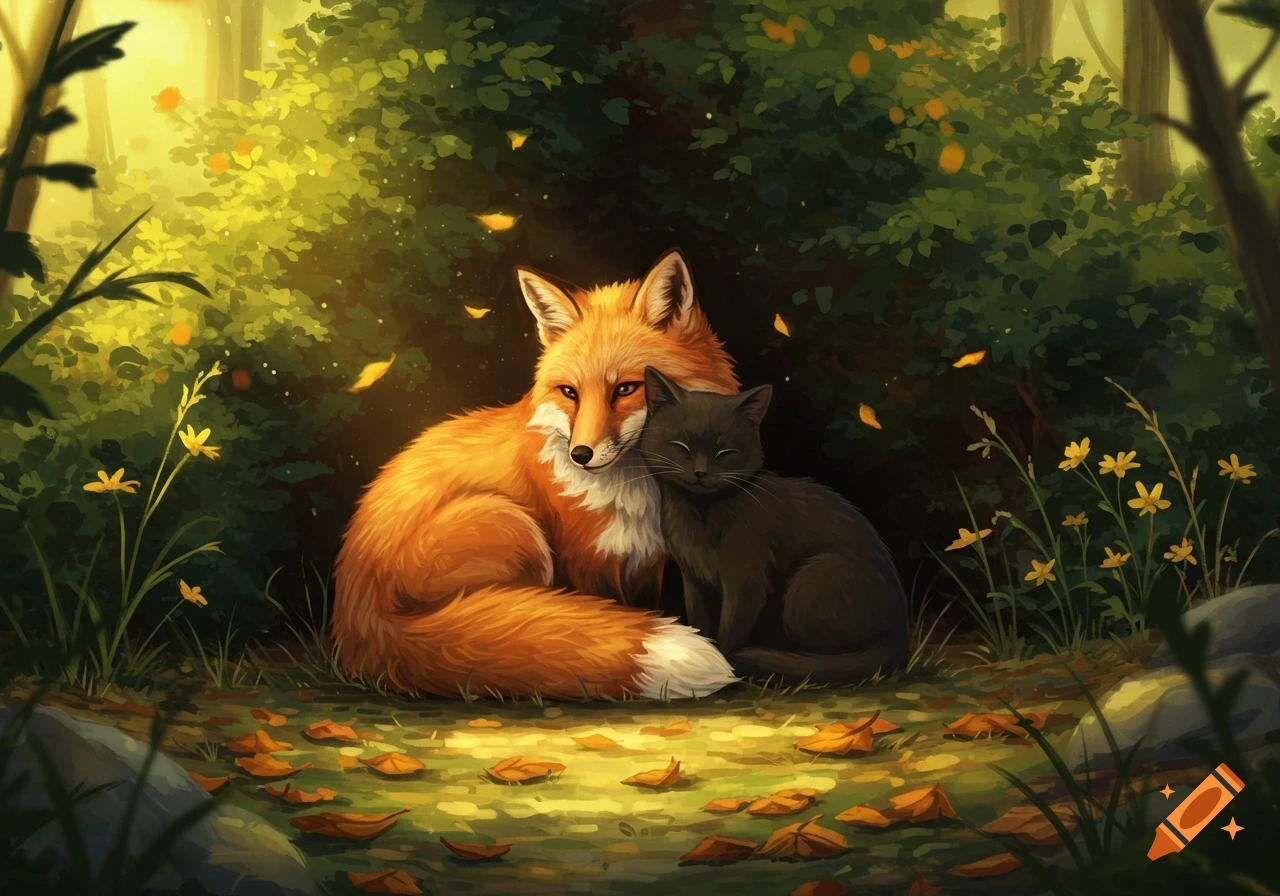 A red fox and black cat snuggling in a vibrant, sunlit forest with golden leaves, in an illustrative style.