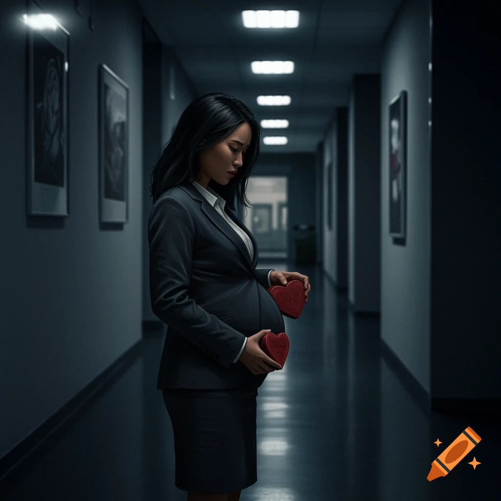 Photorealistic pregnant woman in a dark corporate hallway, sadly holding two red heart-shaped boxes.