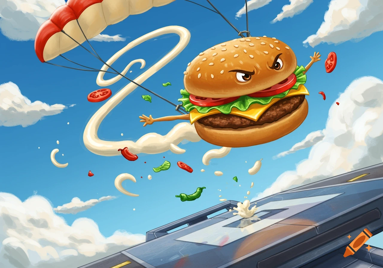 An angry cartoon burger with arms and a face skydives with a red parachute, trailing mayo and other ingredients, towards a jet pad.