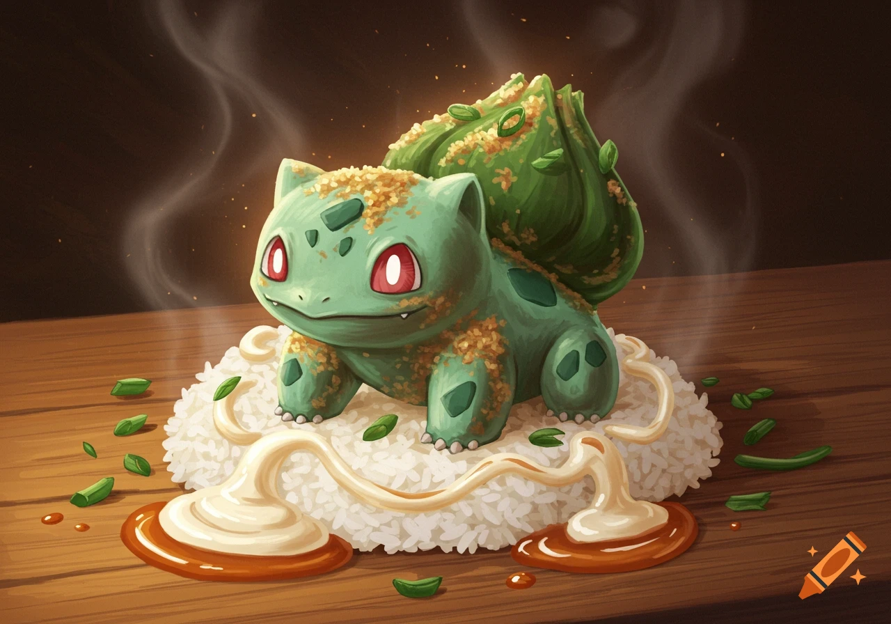 Stylized deep-fried Bulbasaur on rice with sauces and green onions, steaming on a wooden table.