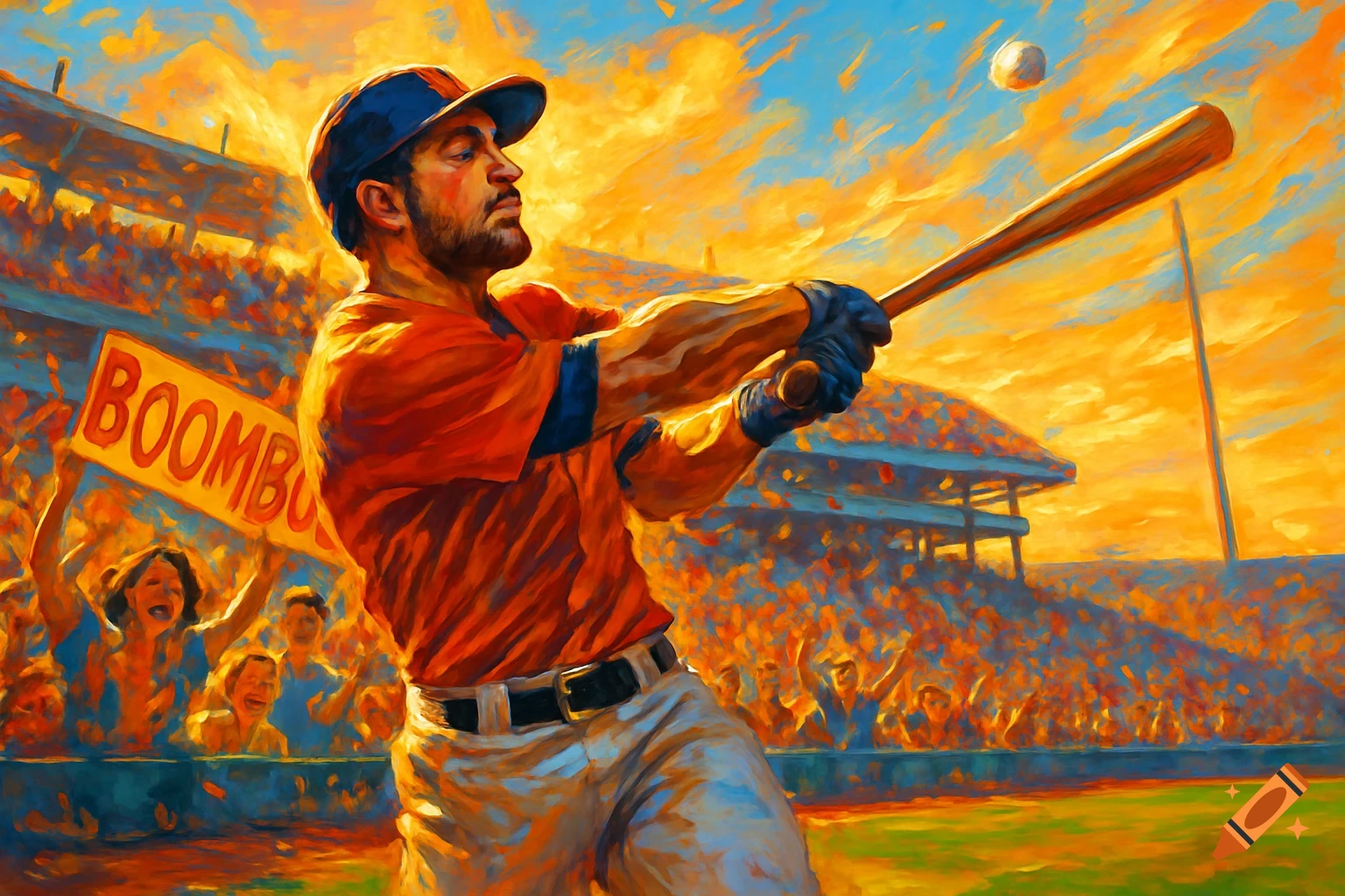 Painterly image of a baseball player hitting a ball in a stadium, with fans and a vibrant orange-blue sky.