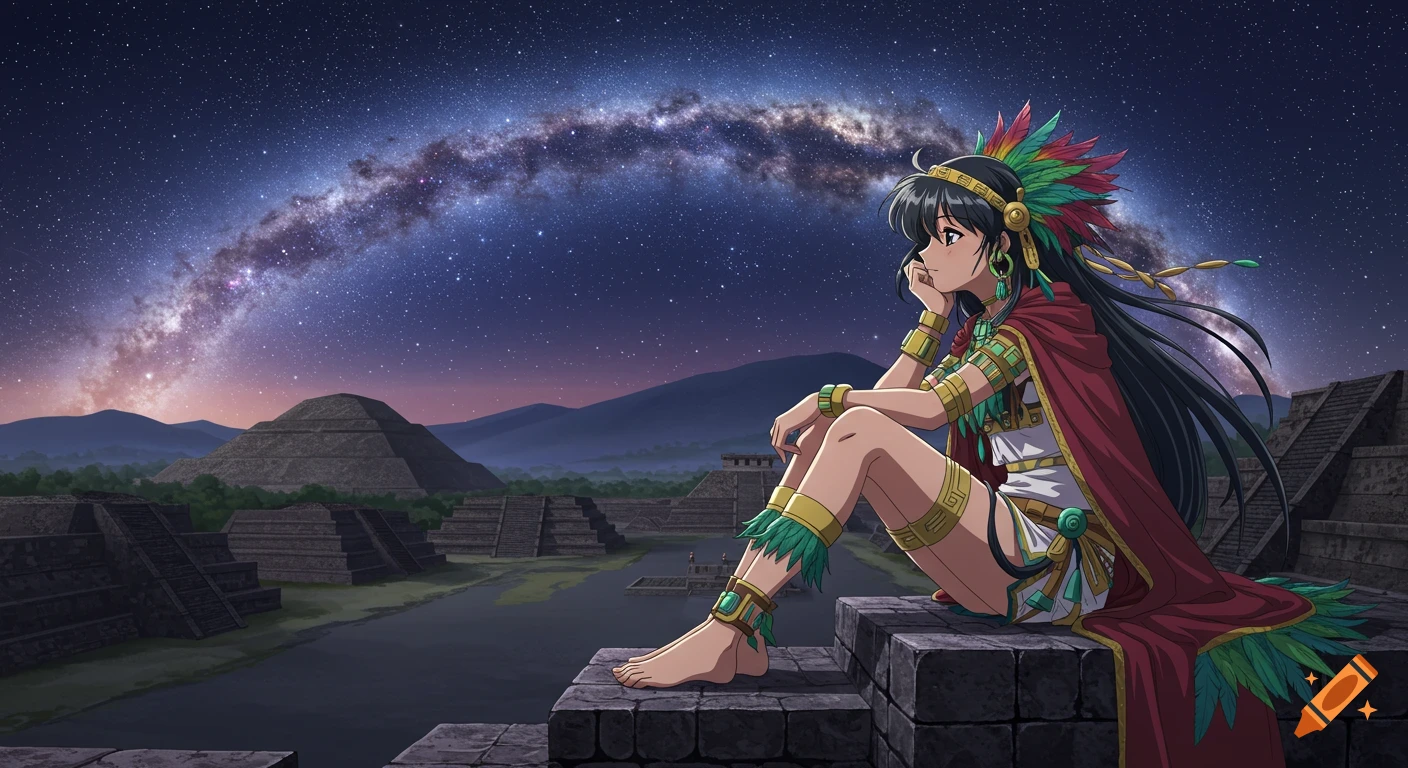 An anime princess in Mesoamerican attire sits on a stone ledge, gazing at ancient pyramids under a starry Milky Way sky.