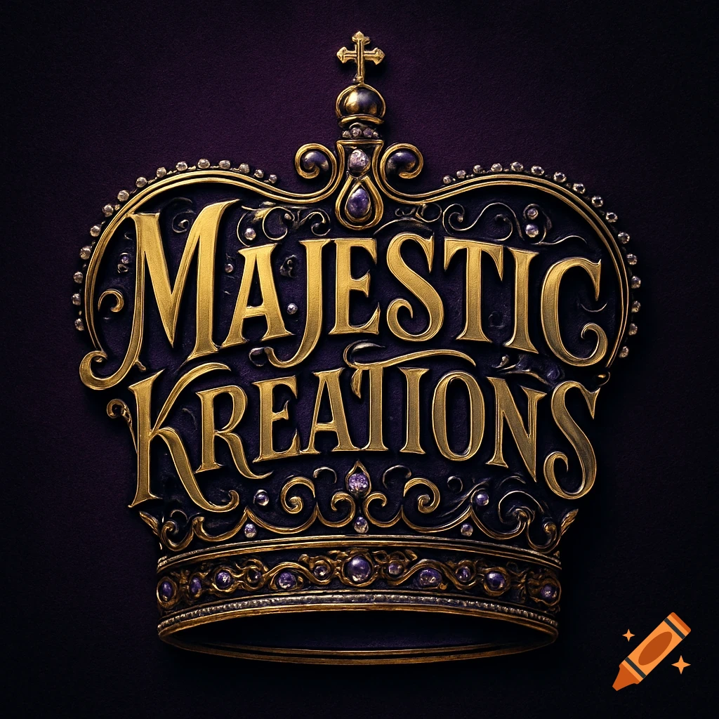 A majestic gold and purple royal crown with the words 'MAJESTIC KREATIONS' embossed in a stylized font.