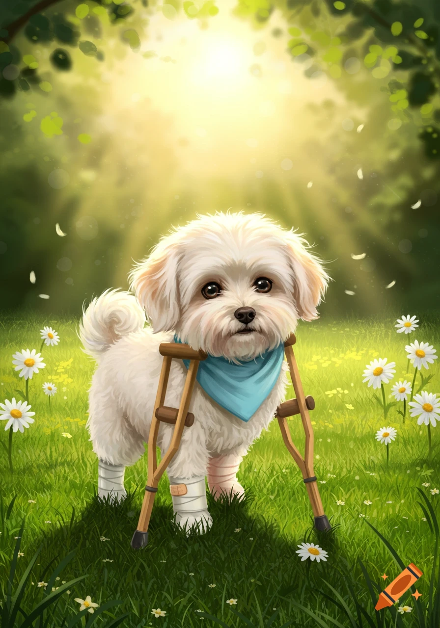 A cute white fluffy dog with a blue bandana, crutches, and bandaged front legs stands in a sunny grassy field with daisies.