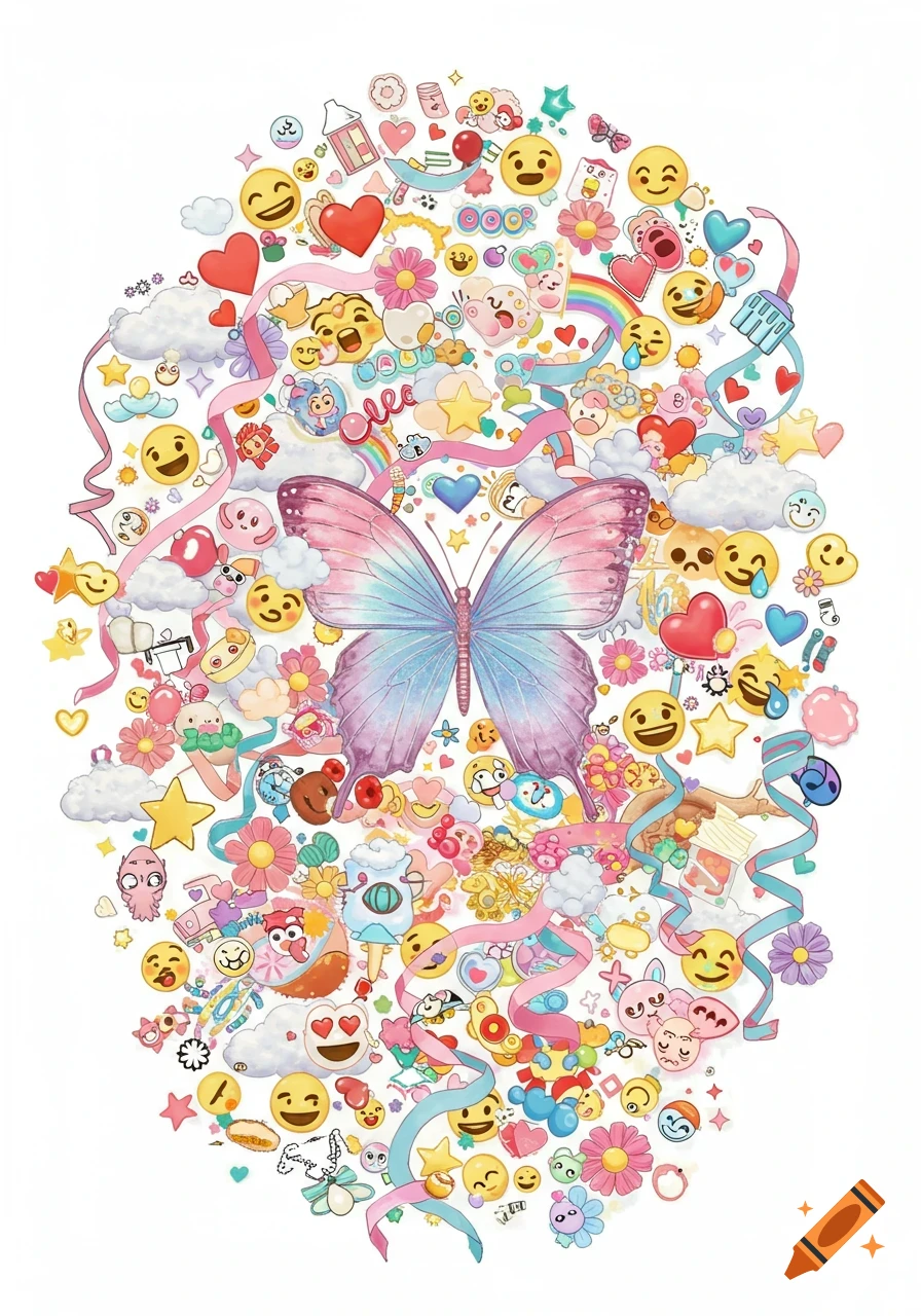Whimsical colorful collage with a large butterfly surrounded by emojis, hearts, stars, and ribbons on a white background.