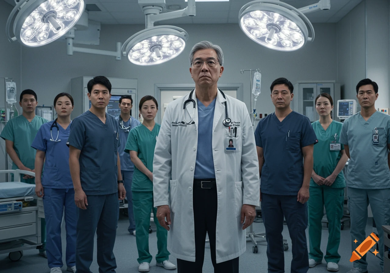 A serious group of healthcare professionals, including a lead doctor in a white coat, stand in a hospital operating room under bright lights.