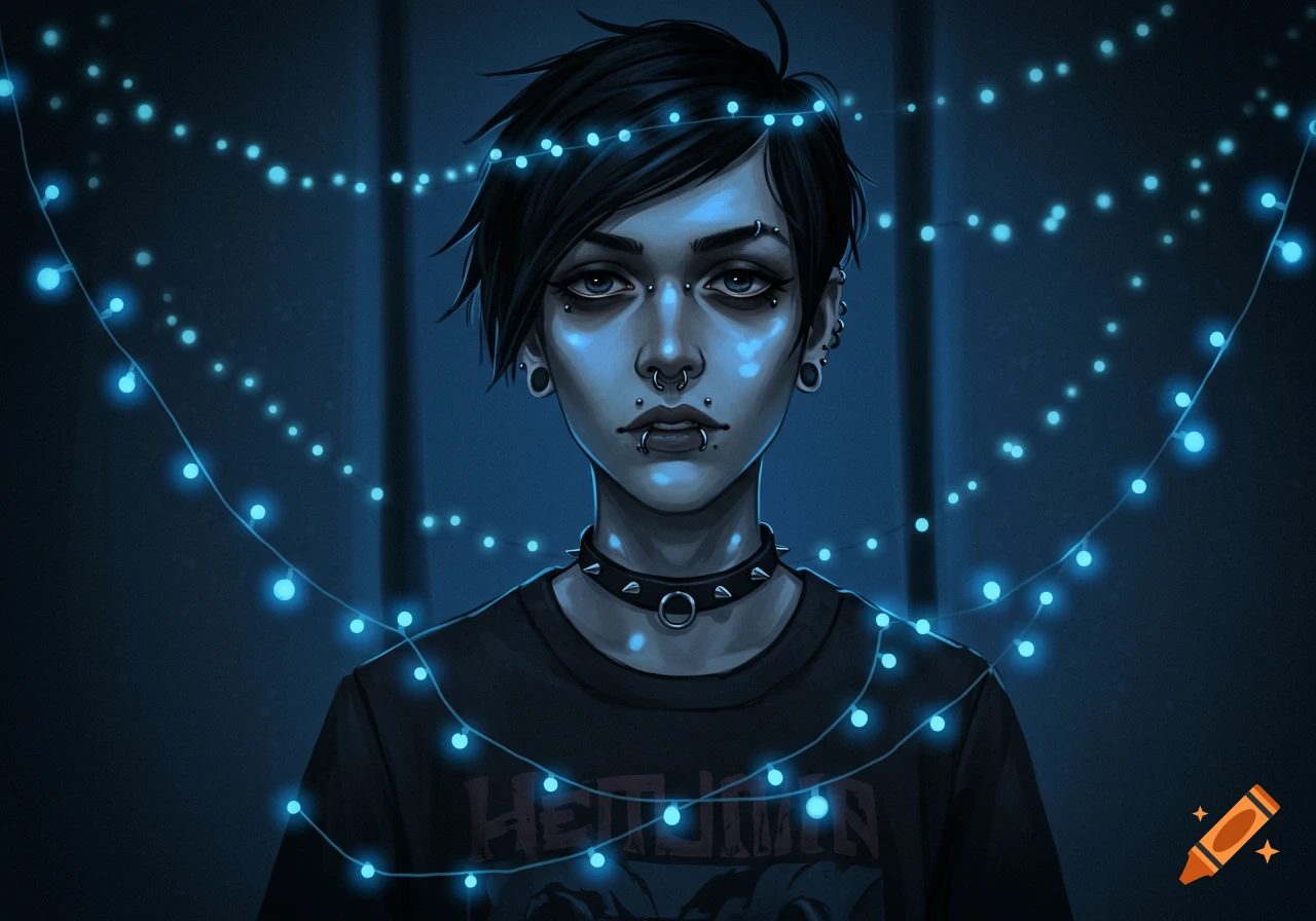 A genderless person with short black hair, piercings, and emo makeup, wearing a black band t-shirt, surrounded by blue fairy lights in a gothic digital art style.