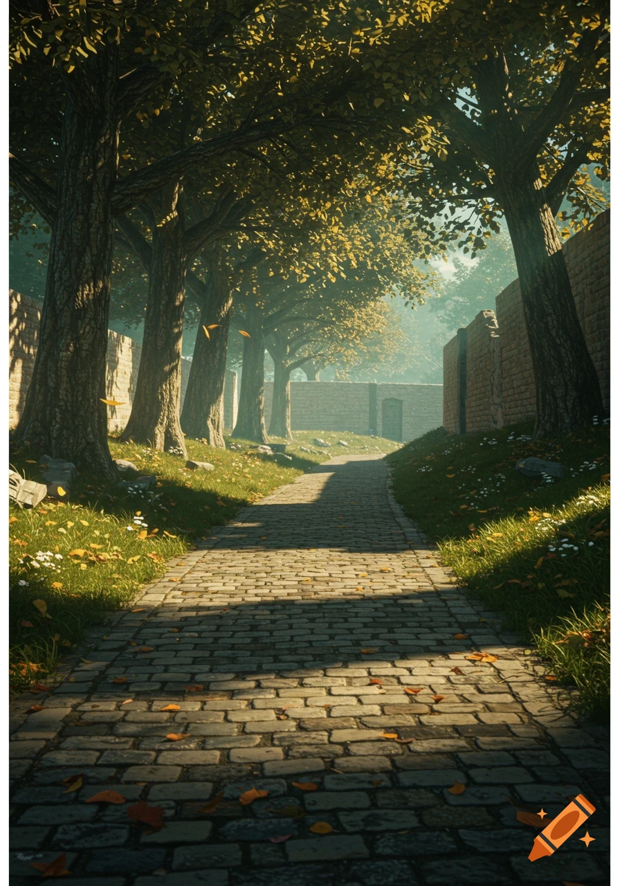 A sunlit cobblestone path winding through a tree-lined, walled lane with autumn leaves on the ground.