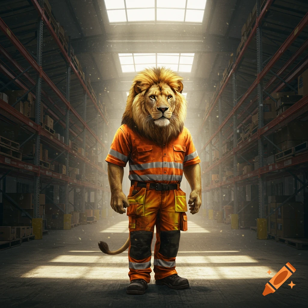 A photorealistic lion wearing an orange high-visibility work shirt and pants stands in the middle of a large warehouse aisle with shelves on both sides.