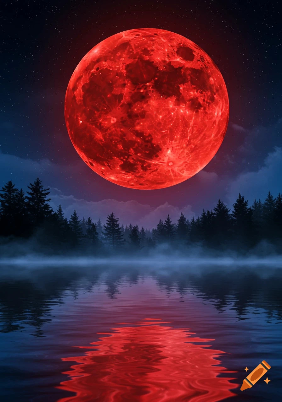 A large, glowing red blood moon illuminates a misty forest reflecting on a still lake at night.