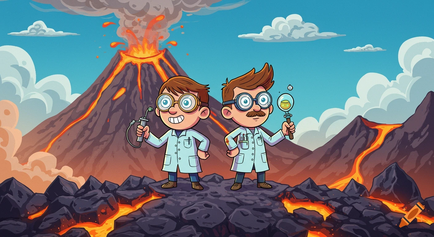 Two humorous cartoon scientists stand on volcanic rocks in front of an erupting volcano, holding scientific tools.