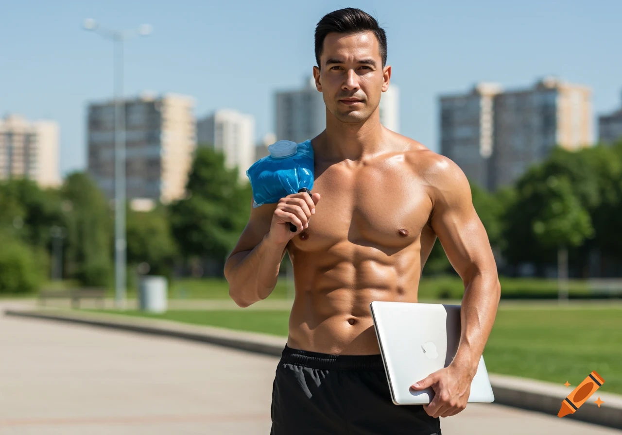 A muscular, shirtless man with an ice bag on his shoulder holds a laptop in an outdoor setting.