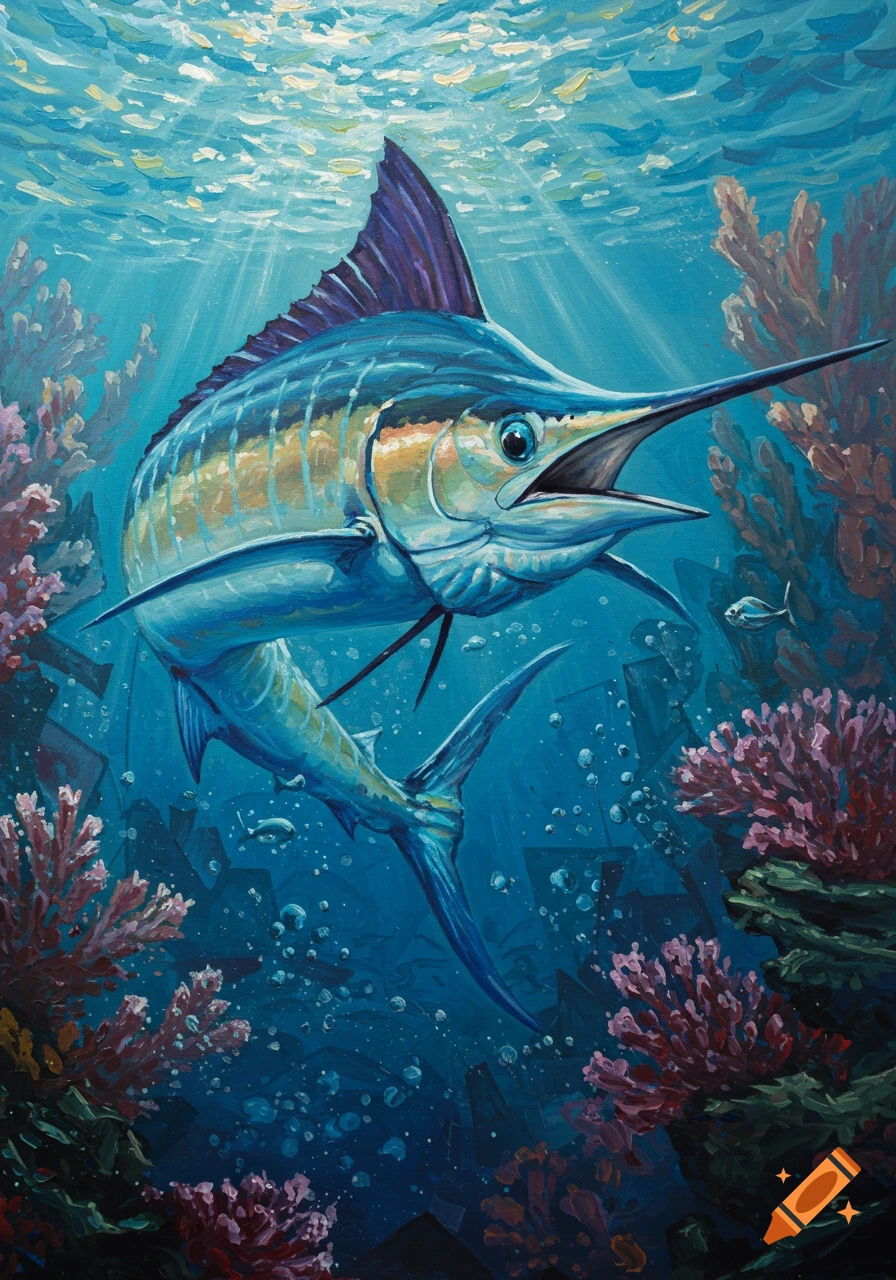 Oil painting of a blue marlin swimming gracefully through vibrant coral reefs in sunlit deep blue water.