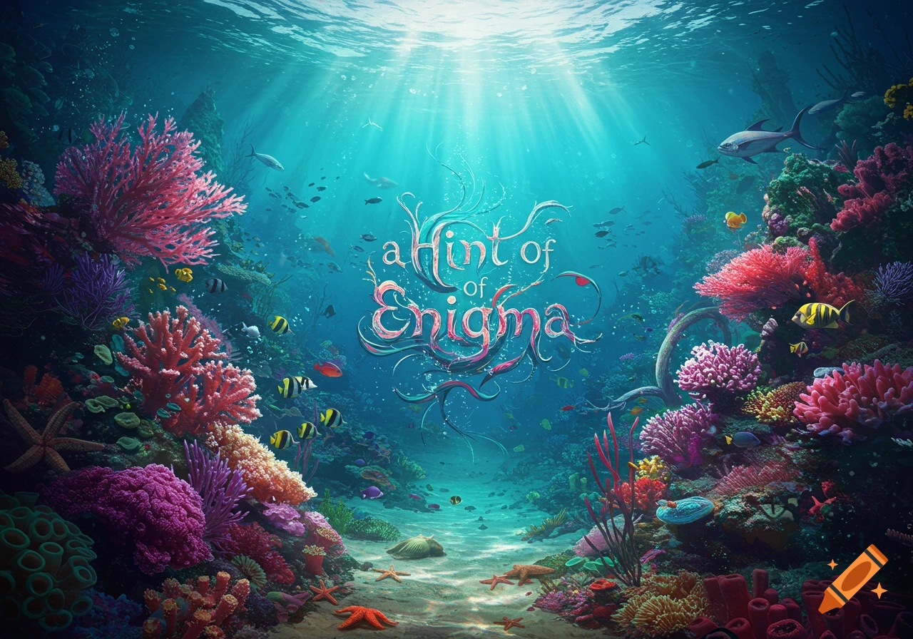 Vibrant underwater coral reef with colorful fish, sunlight from above, and stylized text 'a Hint of Enigma'.