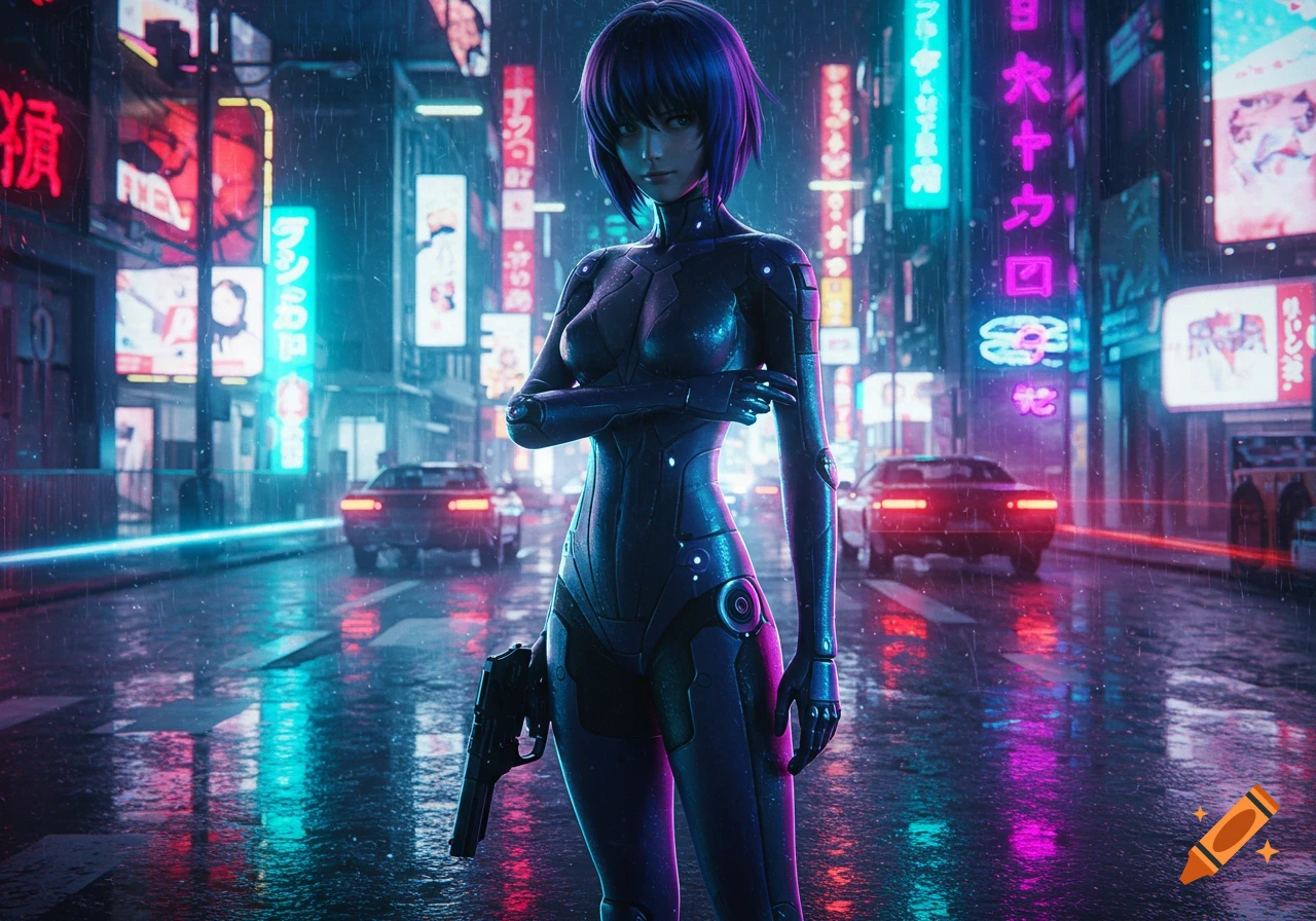 Motoko Kusanagi in a thermoptic suit holding a pistol on a rainy, neon-lit cyberpunk Tokyo street at night, anime style.