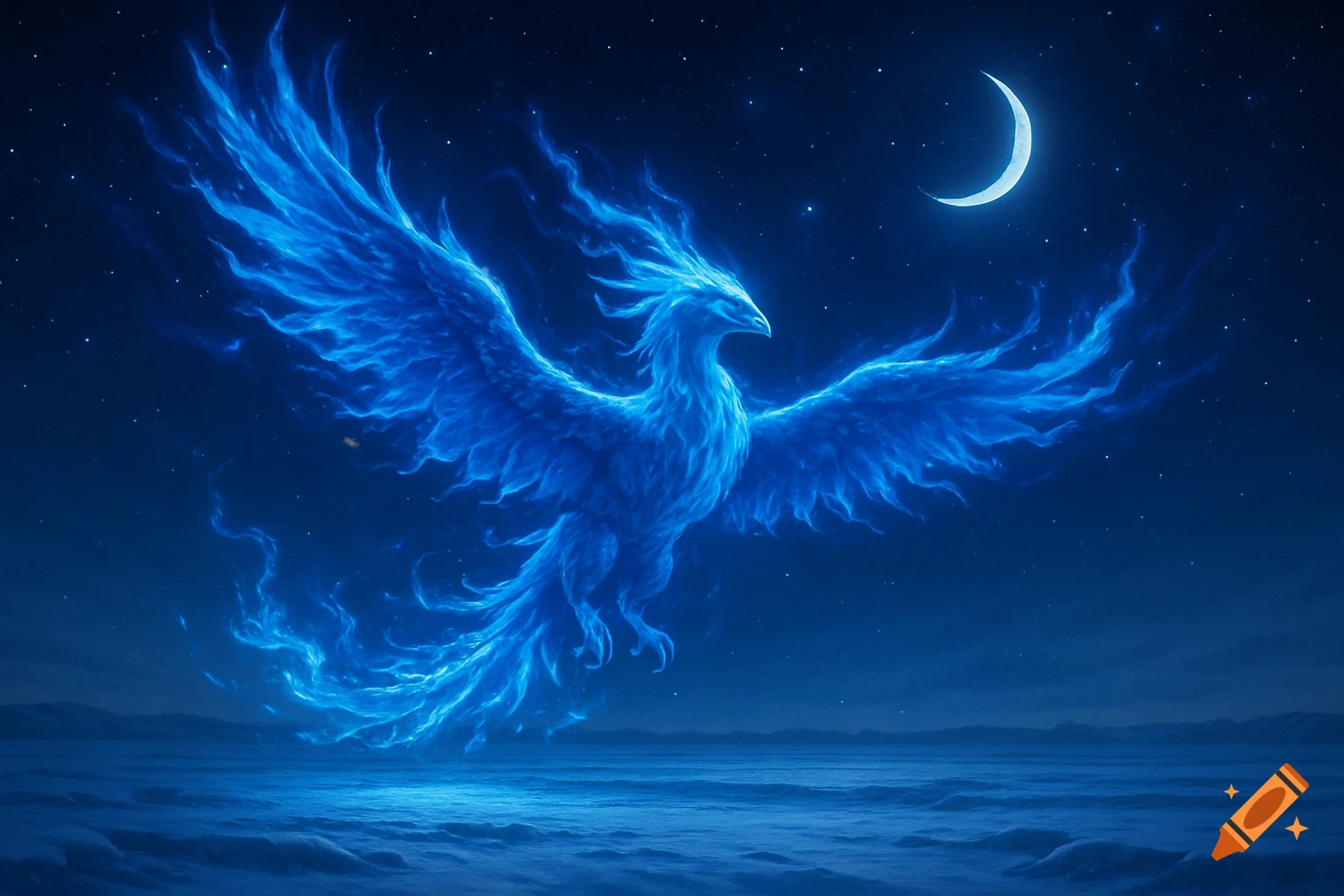 A blue fiery phoenix with widespread wings flies in a dark night sky with a crescent moon and stars above a snowy tundra.