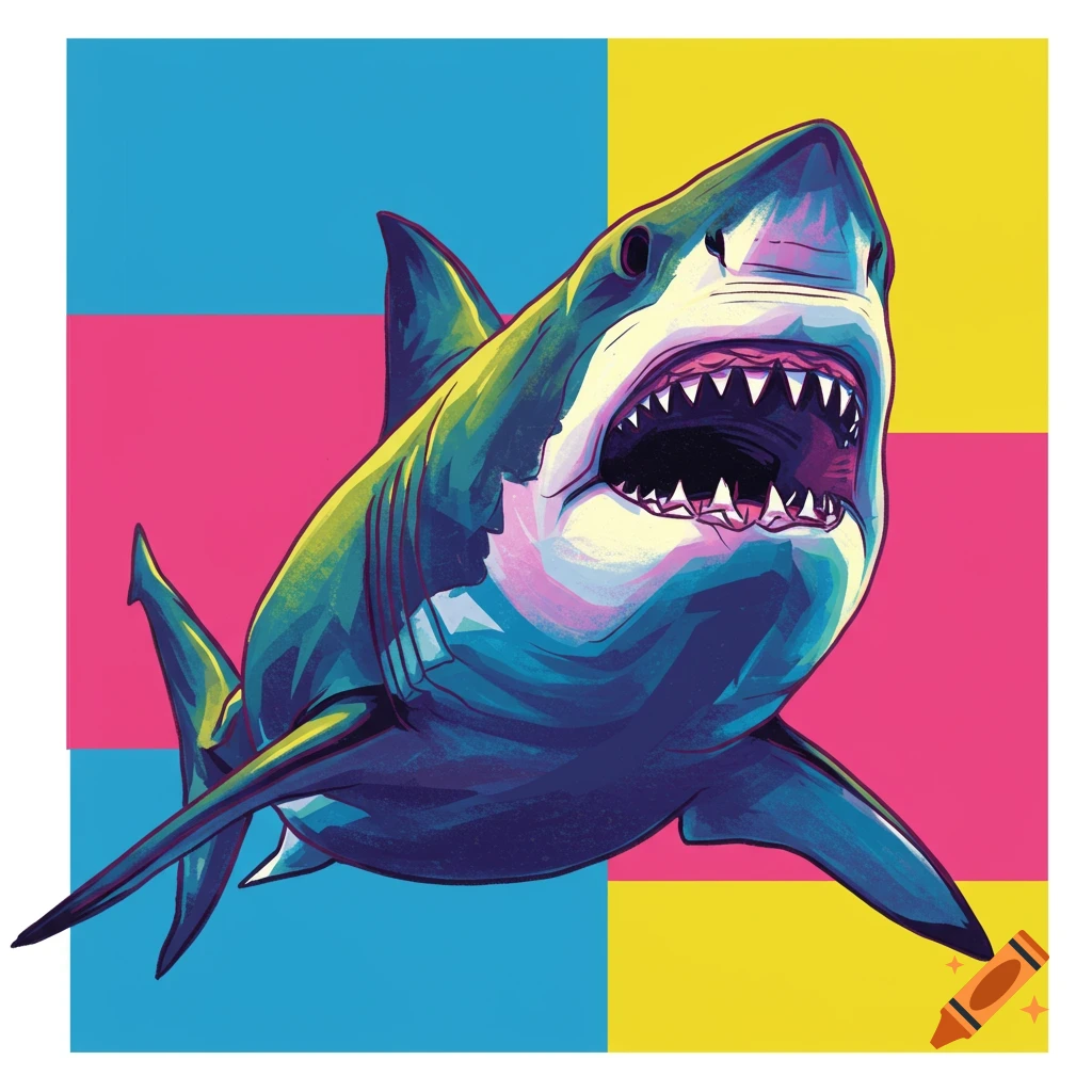 Pop art portrait of a great white shark with its mouth open, set against a background of blue, pink, and yellow blocks.