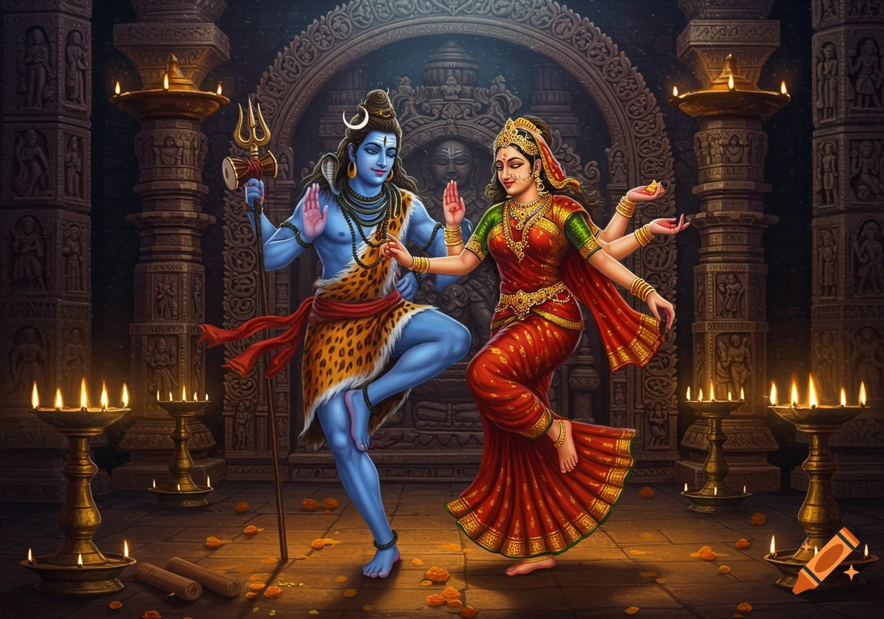 Lord Shiva and Goddess Parvati dance in a dimly lit temple adorned with carvings and oil lamps, in a vibrant, artistic style.