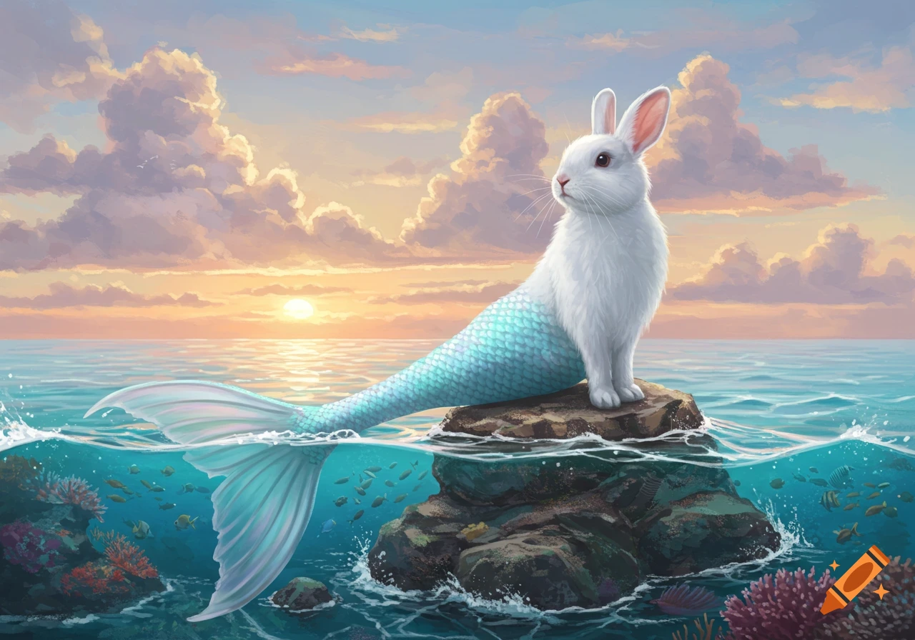 White bunny with a turquoise mermaid tail sits on a rock in the ocean at sunset, with coral and fish visible underwater in a digital art style.