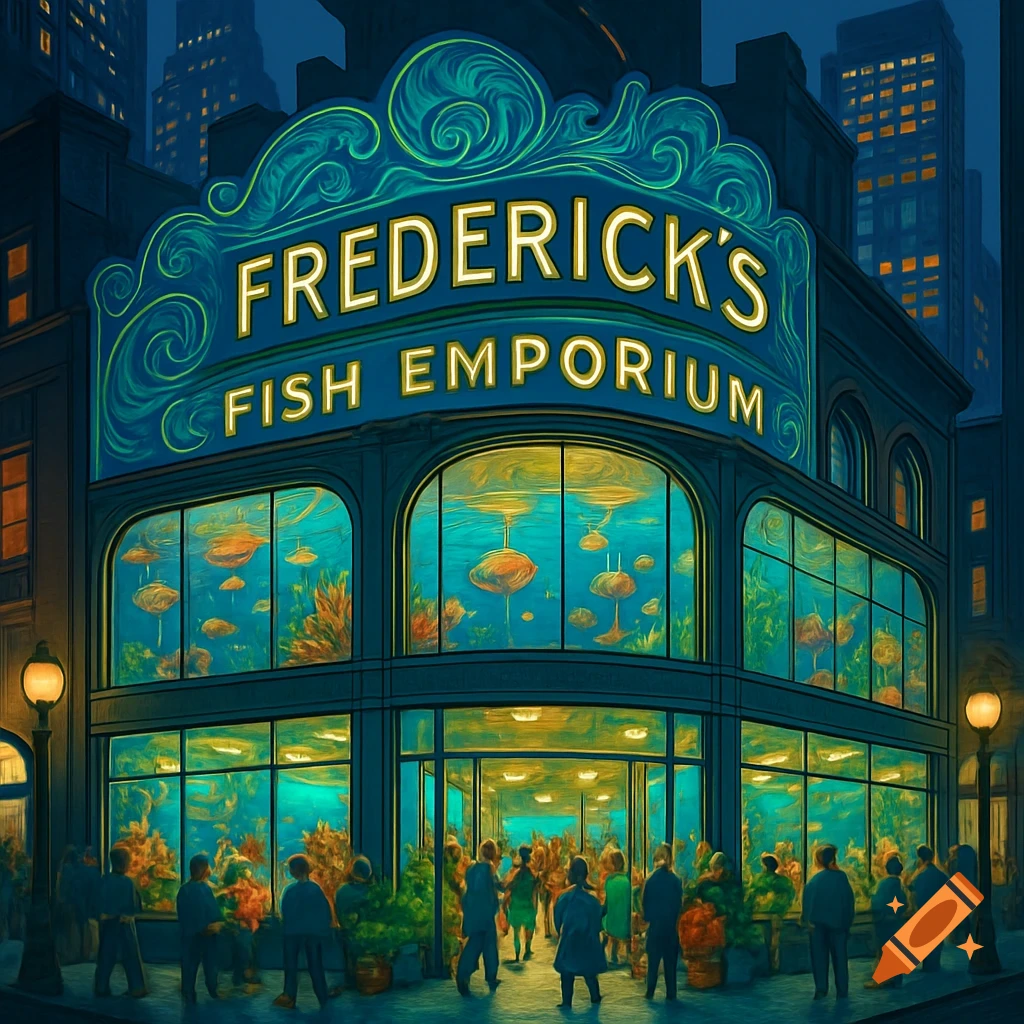 An illuminated 'Frederick's Fish Emporium' storefront at night, with glowing aquariums and people on a city street, in an illustrative style.