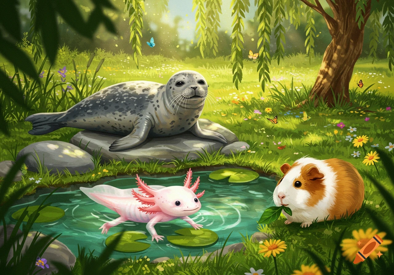 A cute, vibrant illustration of a seal, axolotl, and guinea pig in a sunny forest with a pond, flowers, and butterflies.