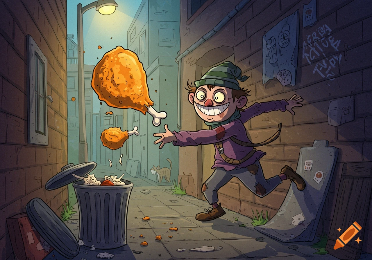 A goofy, grinning cartoon character in an alley runs after flying fried chicken drumsticks near an overflowing trash can.