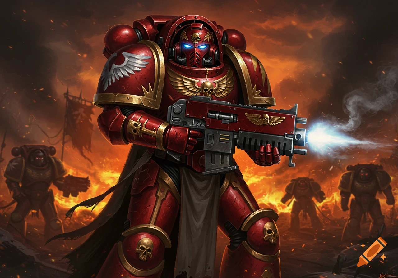 A heavily armored red Blood Angel Space Marine Terminator with a glowing gun stands in a fiery battlefield.
