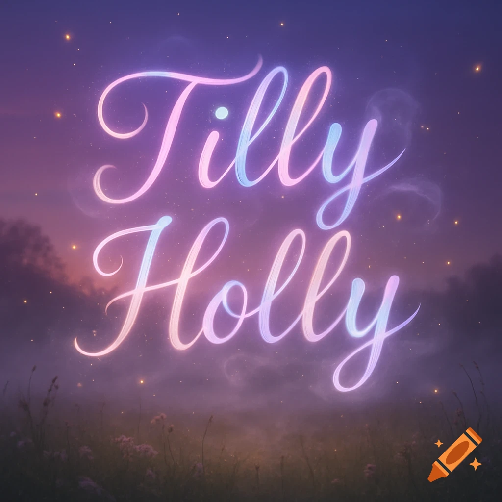 Glowing pink and blue script reads "Tilly Holly" against a mystical purple twilight sky with subtle clouds and blurry foreground plants.
