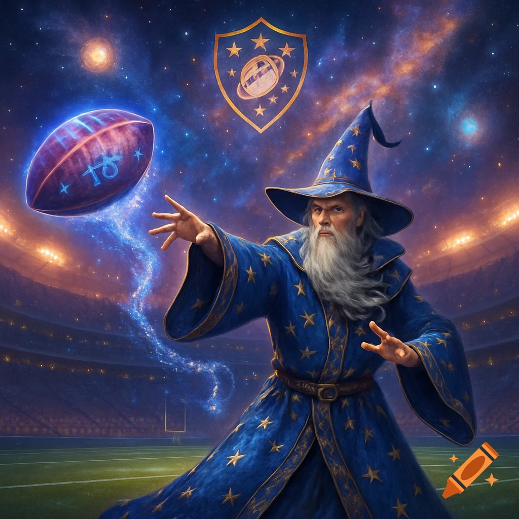 A wizard in a blue, star-covered robe and hat, with a white beard, throws a glowing American football in a stadium under a cosmic sky, with a celestial crest above. Digital art.