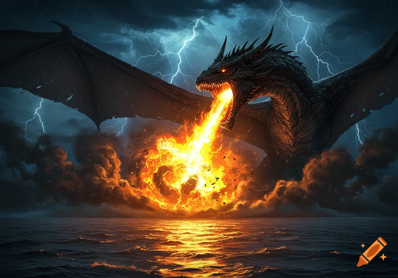 A dark dragon with glowing red eyes breathes a massive stream of fire over stormy ocean waters, illuminated by lightning.