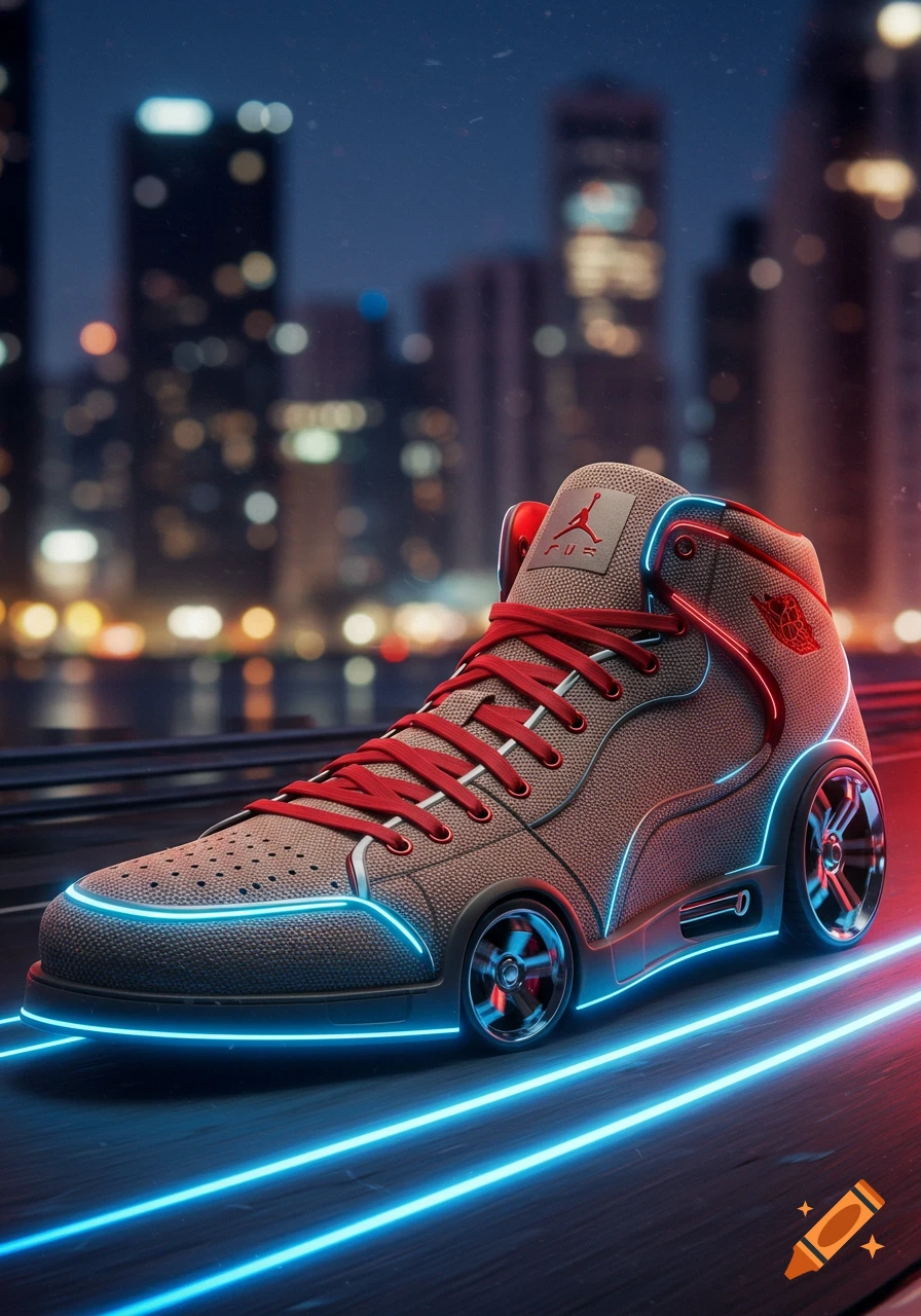 A futuristic shoe-shaped car with neon lights on a road at night, with a blurred city skyline in the background.
