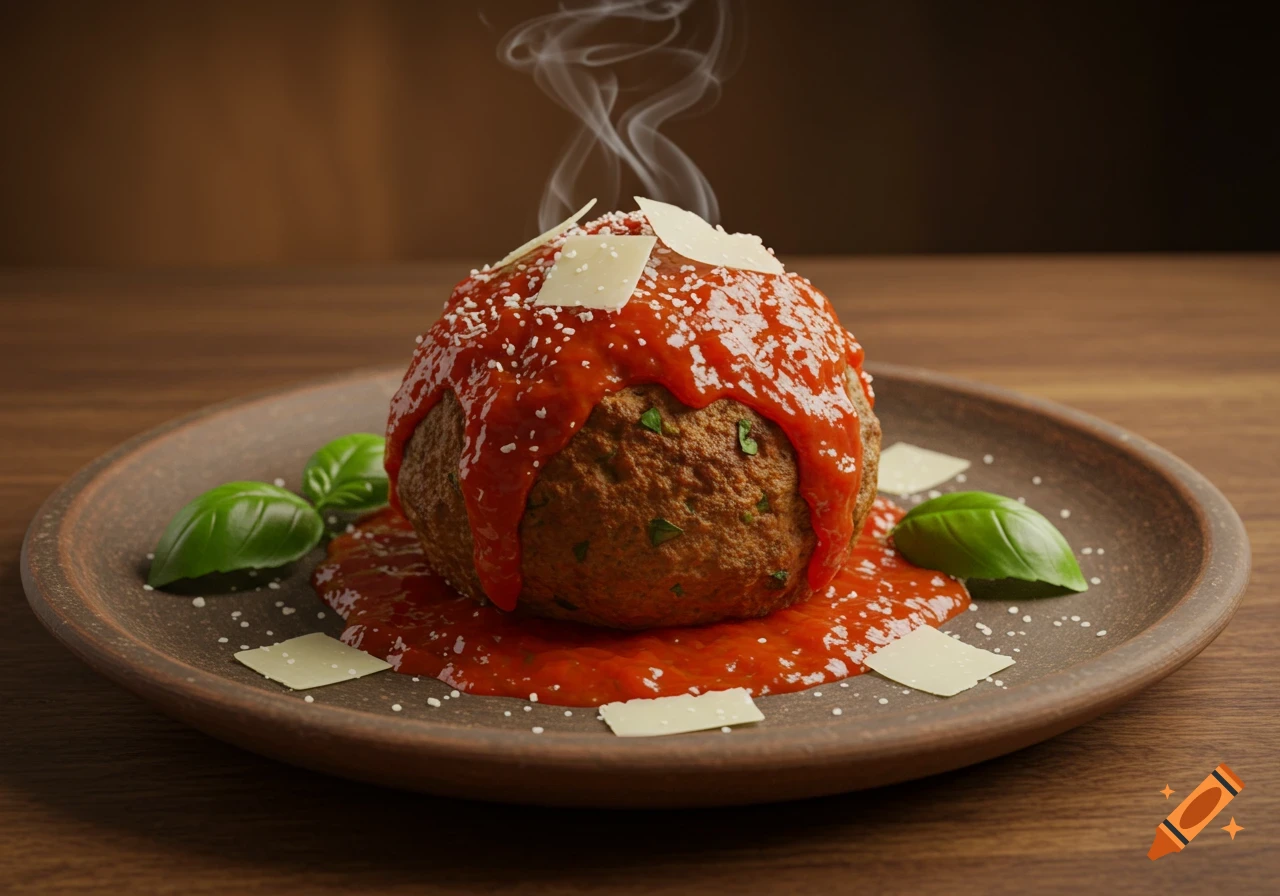 A large, steaming meatball covered in red tomato sauce, grated Parmesan, and basil leaves, served on a rustic brown plate.