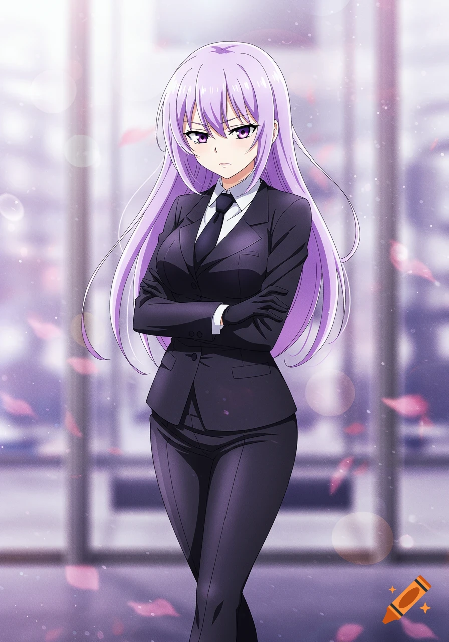 Anime woman with long lilac hair, purple eyes, black suit, tie, and gloves, arms crossed, in a soft-focus office with floating pink petals.